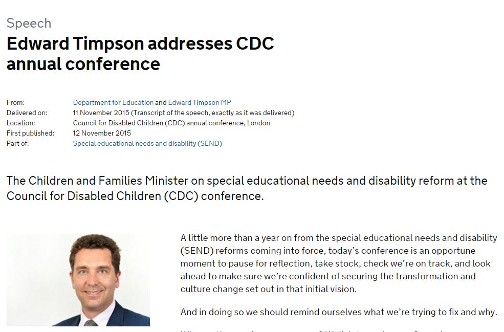 Edward Timpson’s speech outlines his perception of the SEND reforms’ progress